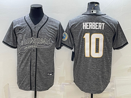 Men's Los Angeles Chargers #10 Justin Herbert Gray With Patch Cool Base Stitched Baseball Jersey